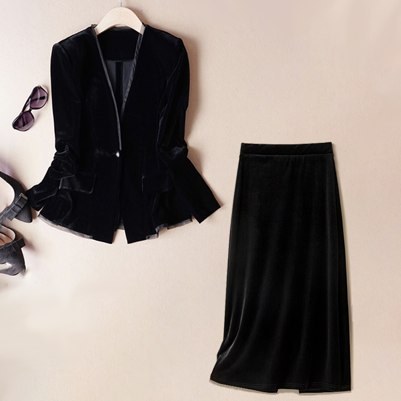 Beautiful Early Autumn Outfit, a Stunning Two-Piece Set with a Gold Velvet Blazer and a Pencil Skirt for Women