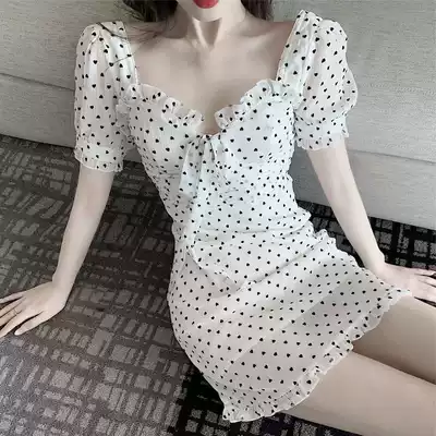 French spinning female fairy thin retro dress new short skirt skirt collar summer waist collection 2021 square temperament snow