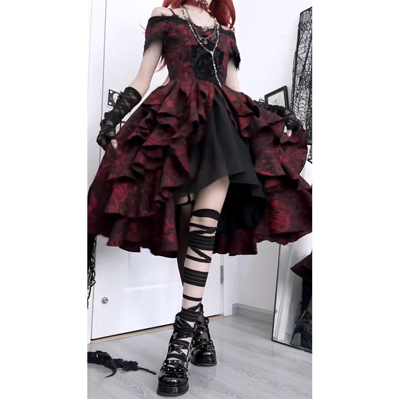 Sweet and spicy retro design Lolita jacquard midi skirt, super fairy-like and slimming, elegant gothic style black and red tulle skirt