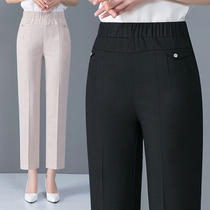 Mom ankle-length pants ice silk cotton linen straight pants summer thin high waist middle-aged womens pants casual Capri pants