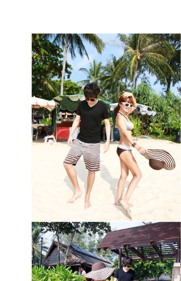 Nữ điểm Hàn Quốc nhập khẩu mimibabi cặp đôi áo tắm bikini nữ áo tắm + quần đi biển nam 210 set đồ đôi đi biển