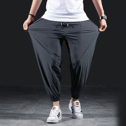 Sports pants men's summer thin ice silk quick-drying nine-point pants elastic casual drape leg-tie plus fat plus size pants