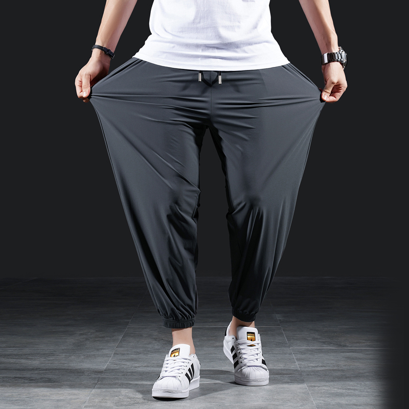 Men's Summer Sweatpants, Ice Silk Quick-Drying Casual Nine-Point Pants, Elastic Drape, Jogger Style, Plus Size Pants