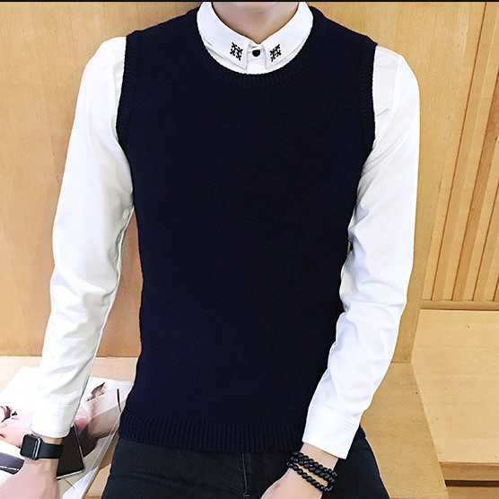 Áo sơ mi vest hai dây nam cổ tròn bằng len với áo sơ mi công sở không tay áo len công sở áo len không tay