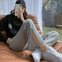 Slit pants women 2021 new fashion high waist straight loose gray sports pants spring and autumn thin style ins tide