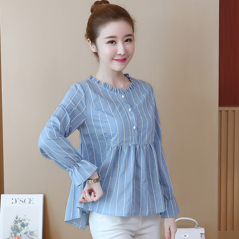 Spring and summer maternity tops short style wood ear collar striped shirt long sleeves maternity clothes Korean version high waist maternity shirt summer
