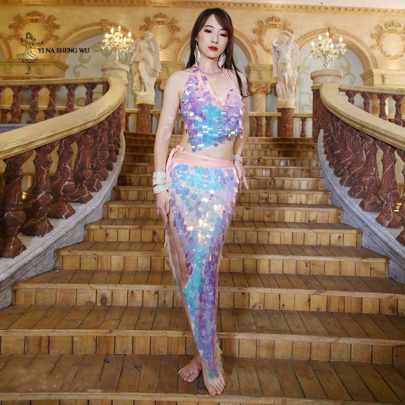 Women Belly Dance Costume Set Lady Mermaid sequined hip towe