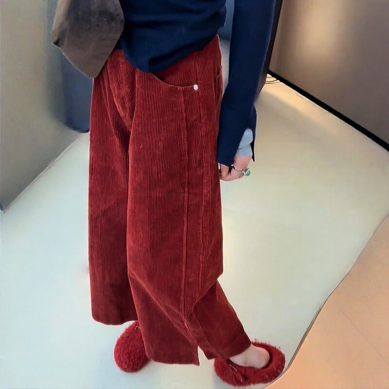 Plus-Size Women's New Autumn Style Relaxed and Fashionable High-Waisted Red Corduroy Versatile Long Pants, Hip-Covering Simple Wide-Leg Pants
