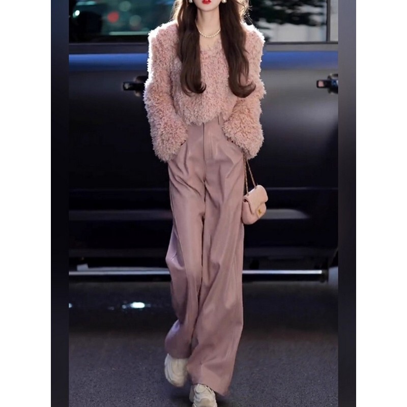 Plus-Size Women's New Autumn and Winter Thickened Warm Pink Pu Leather Pants, Slim-Fit Wide-Leg Pants, High-Waisted Slimming Straight-Leg Casual Pants