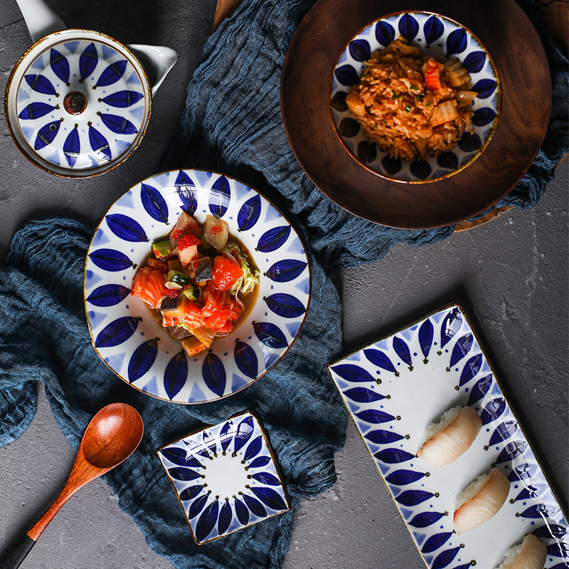 Love burn Japan imported pozzo's xiang fang make blue petals ceramic tableware Japanese saury deep dish plate and wind