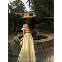 Lattitude/Yang Xiaolu French puff sleeves large skirt dress summer yellow one-shoulder vacation dress for women