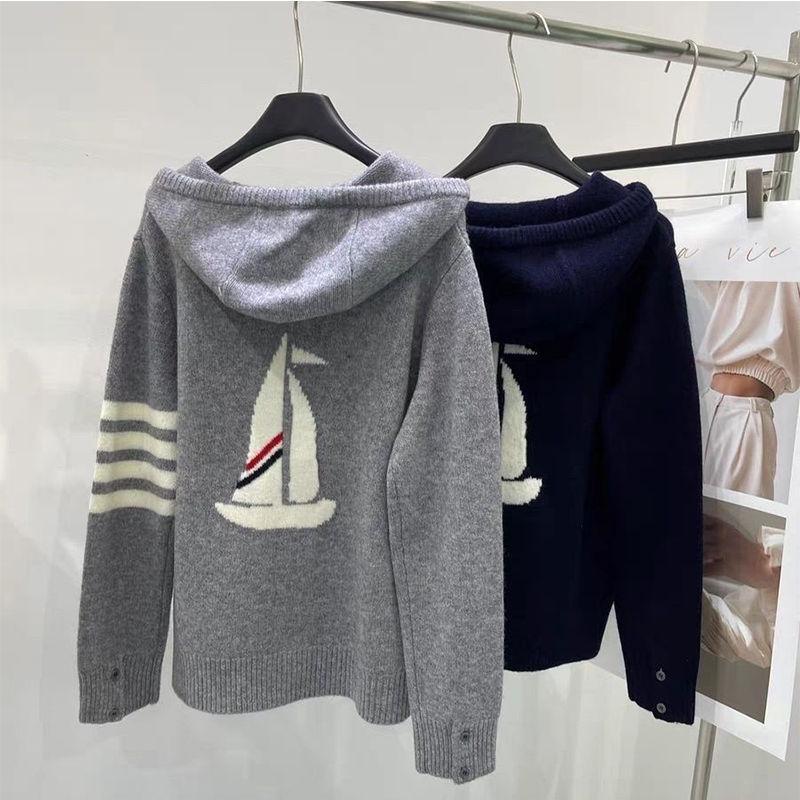 2025 Sailing Pattern Hooded Zip-Up Four-Stripe Sweater Jacket for Men and Women, Autumn and Winter Loose-Fitting Couple Knit Cardigan