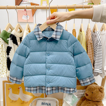 Boys plaid stitching fake two-piece down jacket shirt baby white duck down warm lining girl children Korean jacket