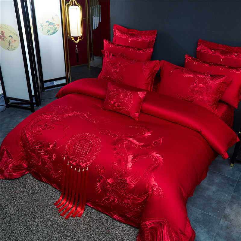 Roland's home textile 120 high-end wedding with a large red dragon pineapple embroidered 46 eight sets of multiple sets wedding bed-Taobao