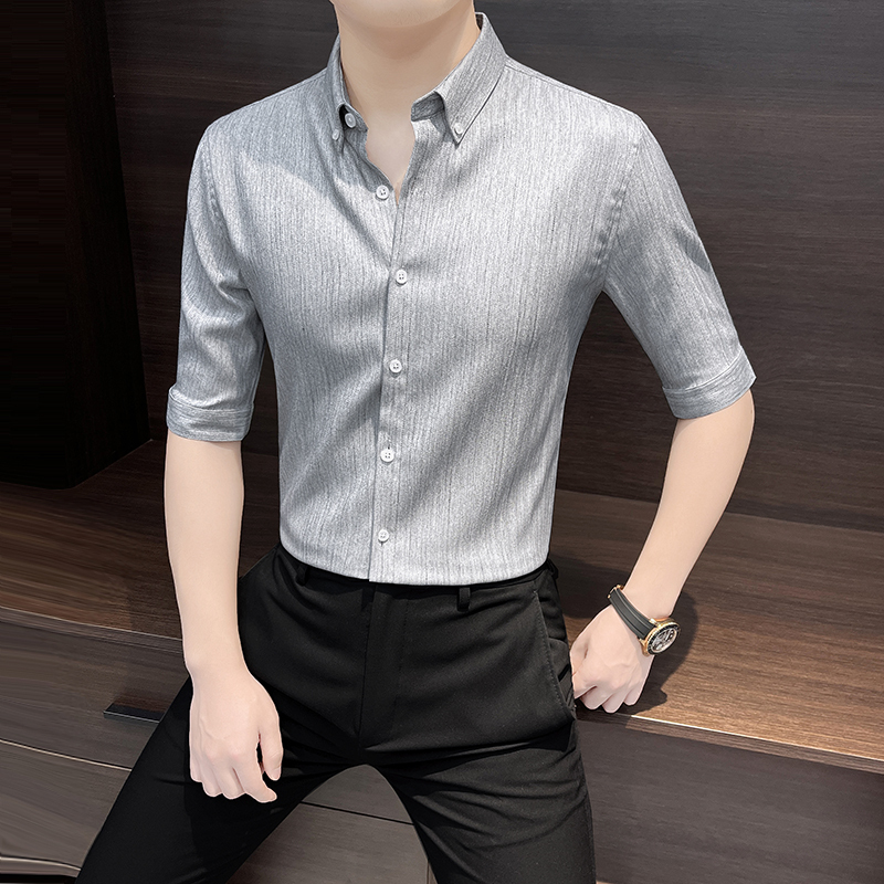 Striped Shirt Men's Short-Sleeved Summer Ice Silk Men's Clothing 2026 New High-End Style Handsome Three-Quarter Sleeve Shirt Men's Style