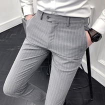 Vertical stripe nine-point trousers Men slim small feet summer thin pants trend business formal casual suit trousers
