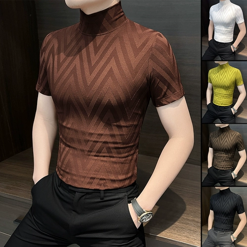 Осенняя эластичная приятная телу футболка с коротким рукавом, высокий воротник, короткий рукав, облегающий крой