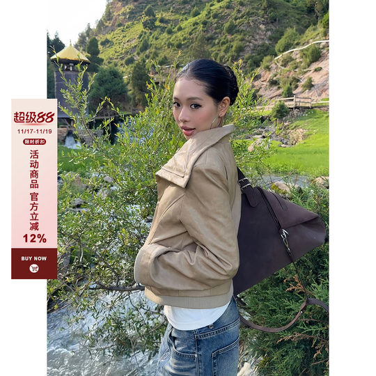 F383 美式复古拼接翻领斜边拉链修身显瘦百搭皮革夹克短外套女ins