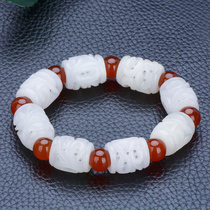 Natural Xinjiang Hetian jade white jade hand string hollow carved sheep fat white men and women link Lutong barrel bead jade bracelet