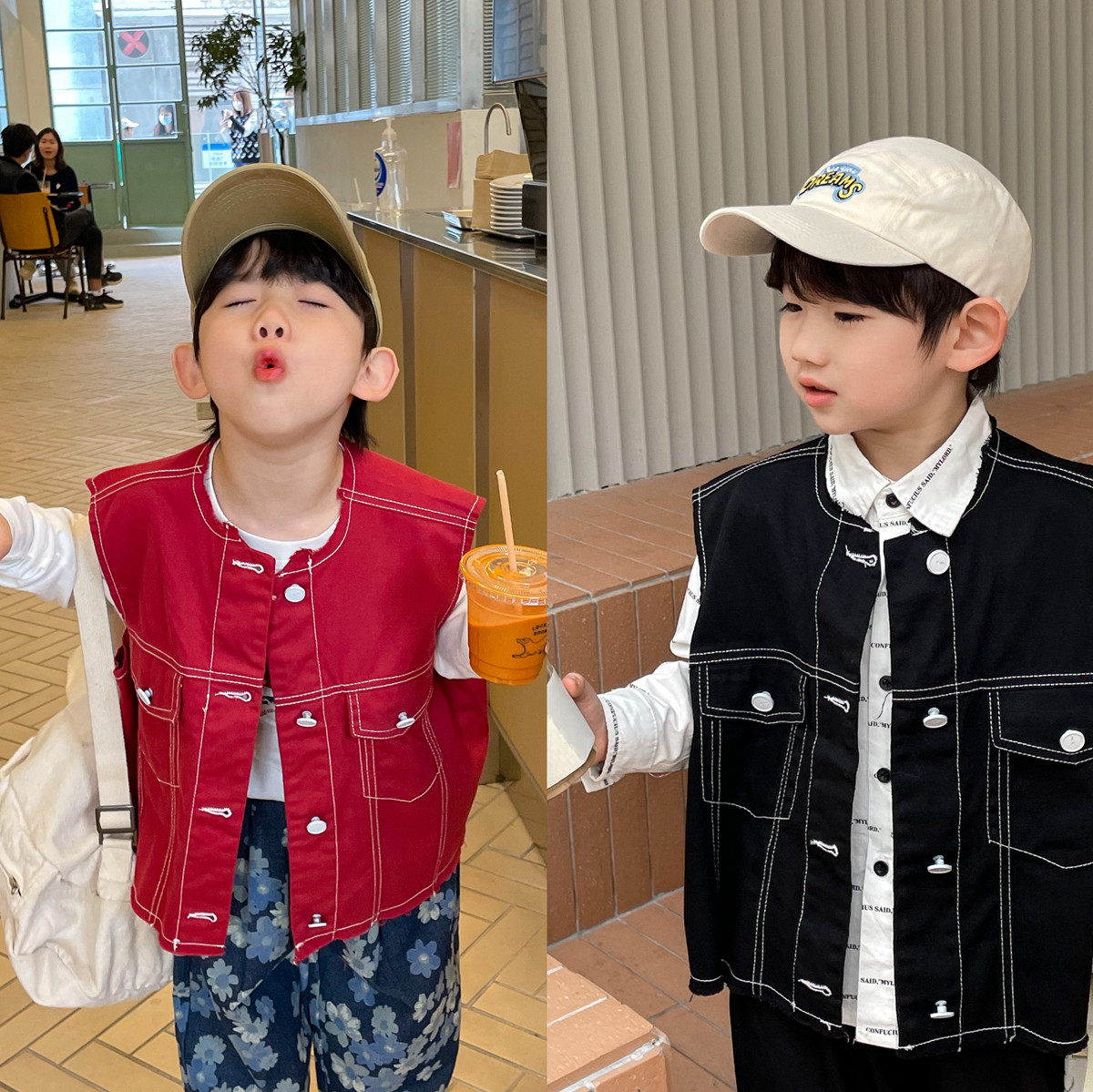 Tomato Brother Black Waistcoat Korean Version Boy Pure Cotton 2022 Spring Dress New Children Foreign Vest Kan Shoulder Damp