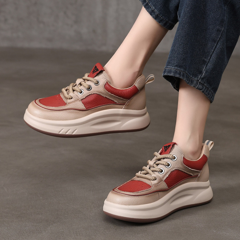 Bajeet/Spain Light as a Breeze Genuine Leather Color-Blocked Thick-Soled Round-Toe Lace-Up Casual Shoes for Women