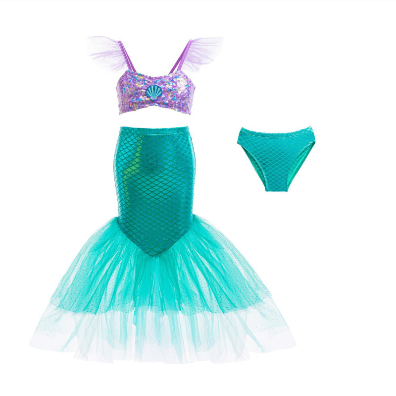 New Ariel Mermaid Bikini Three-Piece Mesh Swimsuit Set for Girls Hot Spring Vacation Beach