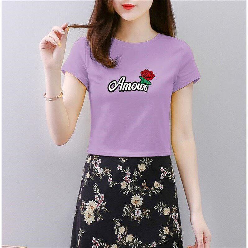 2021 Summer new purple 2021 blouses woman 95 cotton short sleeve short T-shirt female Korean version high waist display slim fit