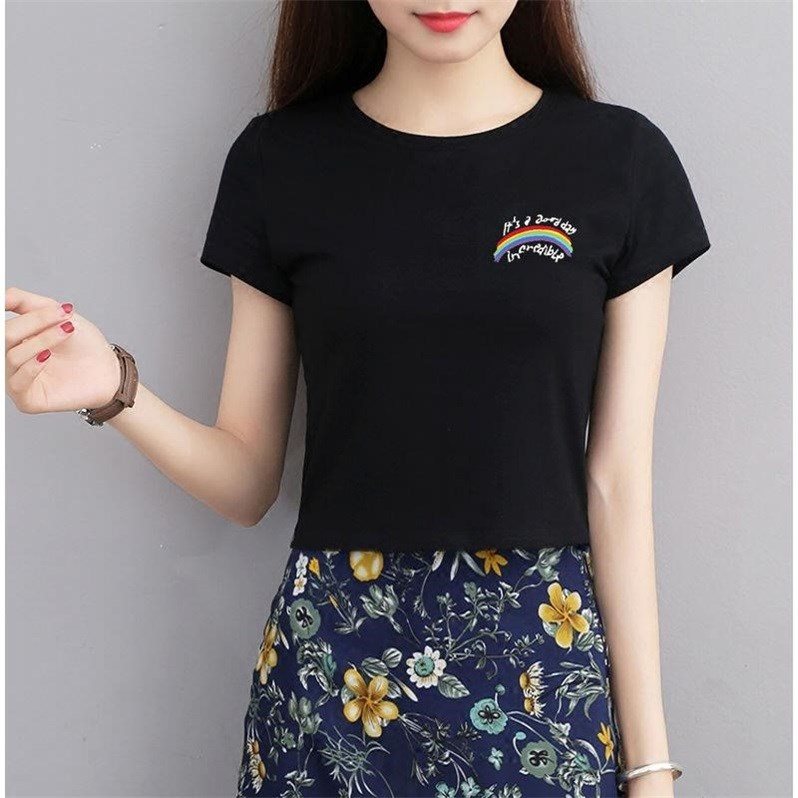 Short sleeve T-shirt woman 2021 Summer new Korean version women's clothing 95 cotton 100 hitch a rainbow half sleeve swarm blouses
