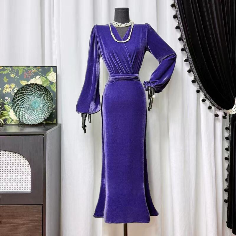 New C-Neck Purple Slim-Fitting Velvet Dress with Elegant Temperament