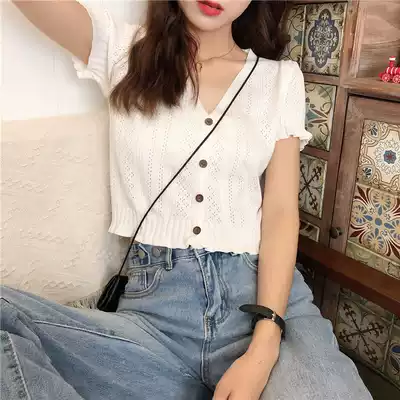 2021 summer New loose short sleeve knit sweater hollow ice silk blouse short top women's thin cardigan