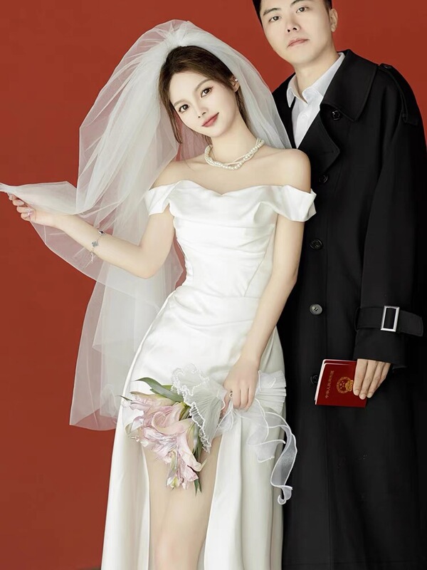 One-Shoulder Evening Dress for Women, Niche Light Luxury Bridal Engagement Wedding Adult Ceremony Registration White Dress Light Wedding Dress