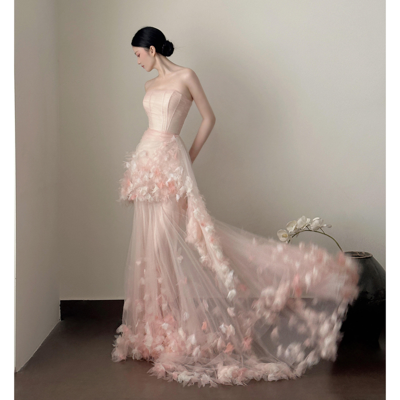 Tube Top Robe, Light Wedding Dress, Pink Bridal Engagement Wedding Dress, Toast Dress, Super Fairy Student Coming-Of-Age Ceremony Princess Dress