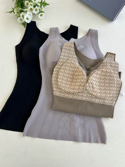 2024年冬季新款单层磨毛保暖背心雕花塑身美体打底上衣女带杯垫