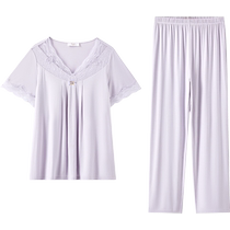 (With breast pad) Manifen womens home wear sexy lace V-neck floating sleeves 9-point pants pajama set 20310930