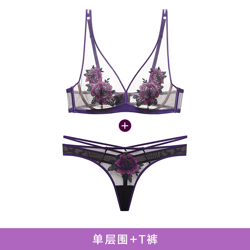 091 & Purple + T PantsManiForm  Bra Set  sexy Underwear Thin underpants Netting transparent Hollow out ventilation Embroidery 20842377