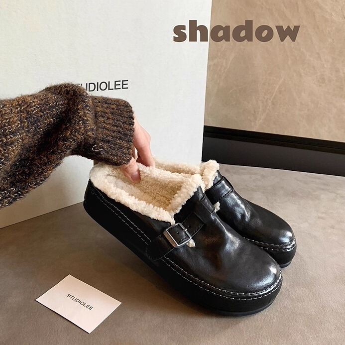 Shrink-Patterned Horse Leather ~ Genuine Leather Thick-Soled Fleece-Lined Birkenstock Shoes for Women, New Autumn and Winter Style, Lazy Buckle Strap, Closed-Toe Furry Half-Slippers Shrink-Patterned Horse Leather ~ Genuine Leather Thick-Soled Fleece-Lined Birkenstock Shoes for Women, New Autumn and Winter Style, Lazy Buckle Strap, Closed-Toe Furry Half-Slippers