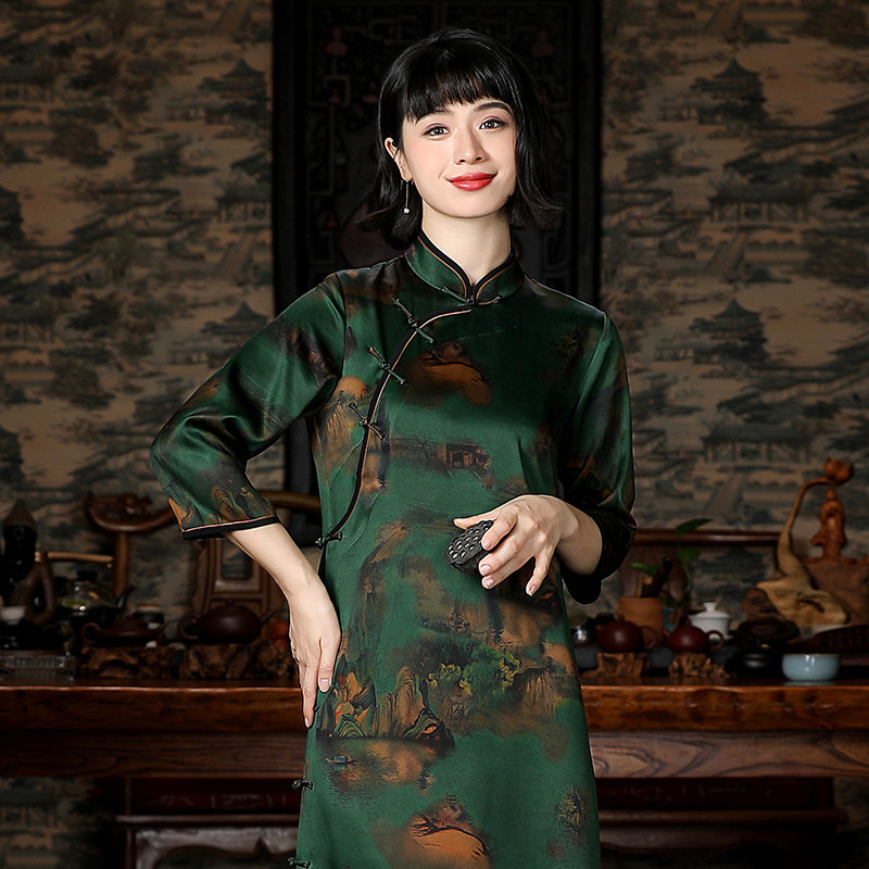 40 momi silk heavy satin fragrant cloud yarn retro cheongsam dress slim and slim Chinese style mulberry silk dress autumn women's