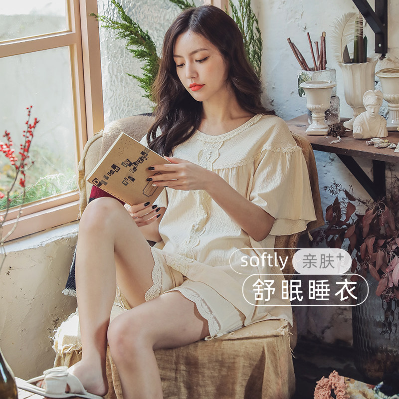 Family Maz Princess Wind Pyjamas Woman Summer Pure Cotton Short Sleeve Shorts Slim all cotton Summer New home Suits Suit