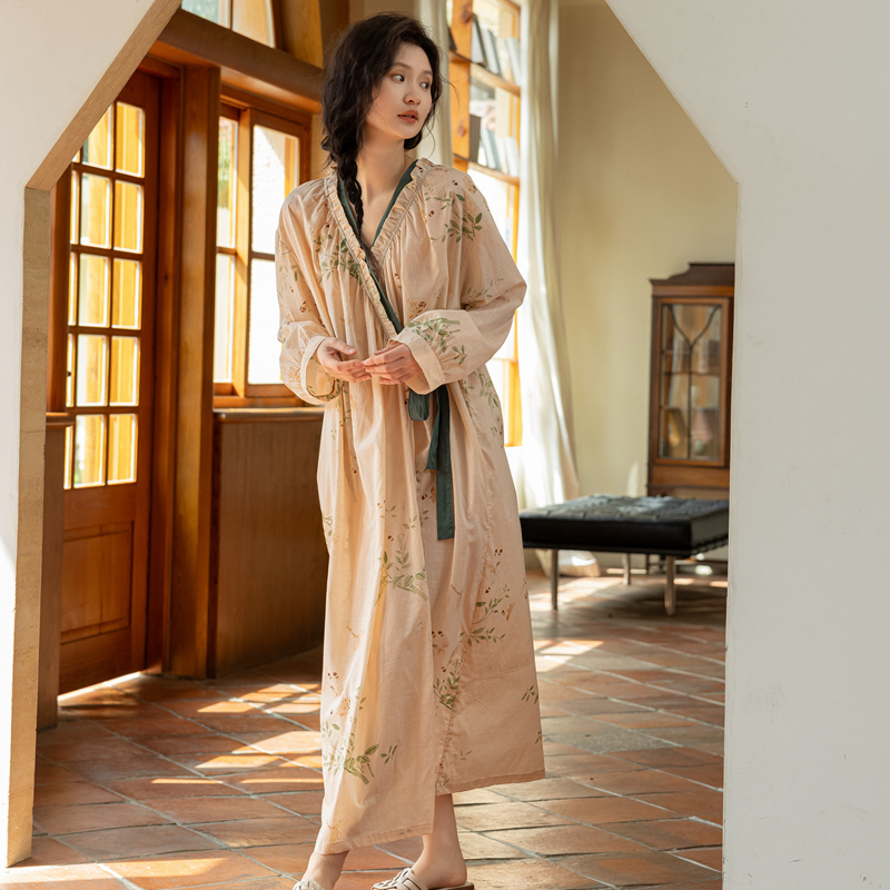 Zumashi Bathrobe for Women, Spring and Autumn 2026 New Model, Pure Cotton Long-Sleeved Dressing Gown, Pajamas, Nightgown, Can Be Worn Outside in Summer