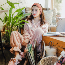 Coral velvet padded cute Korean version of Japanese style kimono flannel pajamas spring and autumn winter womens home clothes set