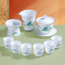 Upscale Rood ice Goat Fat White Jade Faufood Tea set set Home Three-только обложка Bowl Anti-Scalping Handmade