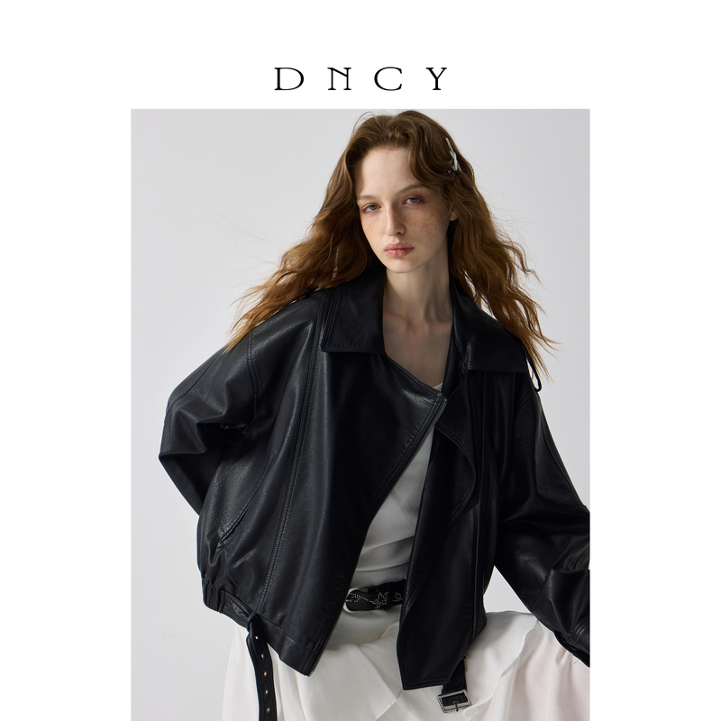 Dncy丨Vintage Leather Jacket for Women, Autumn American Style Short Versatile Biker Jacket