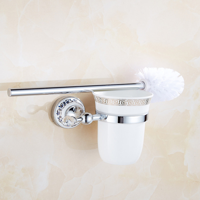 Punch-free European-style silver crystal bottom toilet brush cup holder bathroom soft hair toilet cleaning brush holder wall-mounted