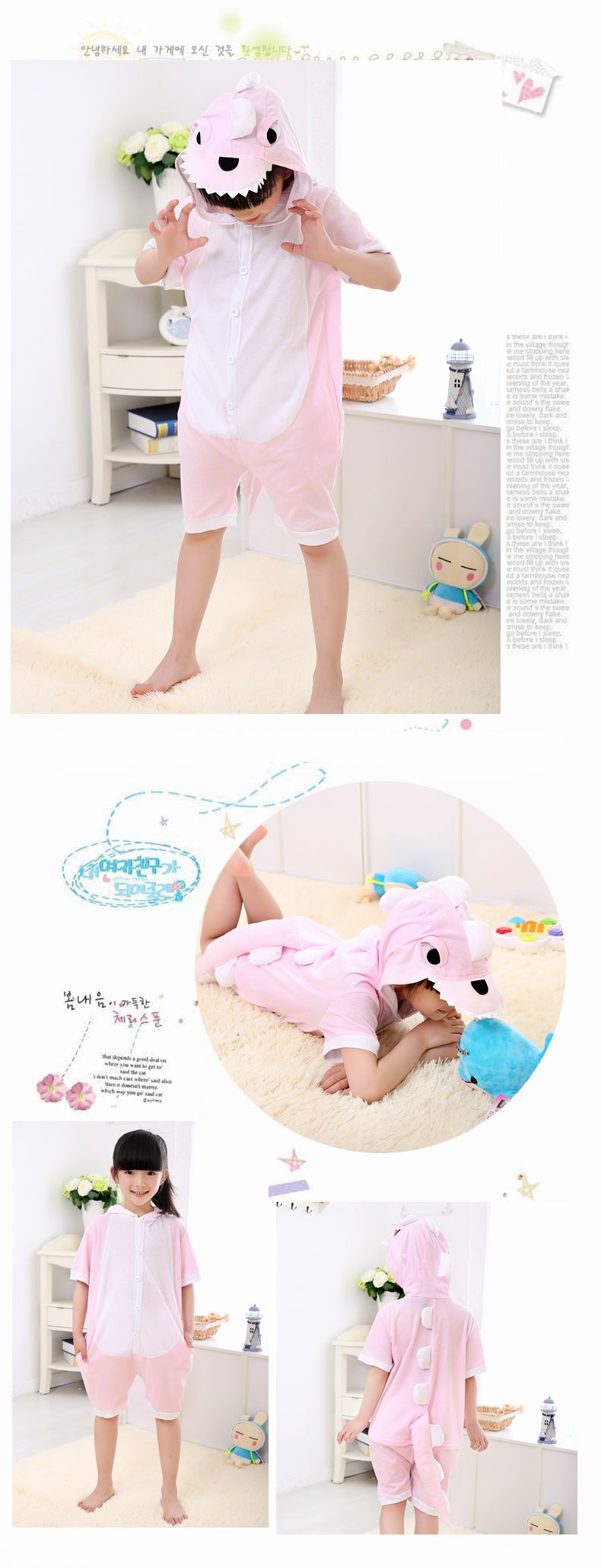 Trẻ em jumpsuit động vật mùa hè bông ngắn tay khủng long phim hoạt hình đồ ngủ phần mỏng cô gái chàng trai cha mẹ và con trang phục áo ngủ mùa đông
