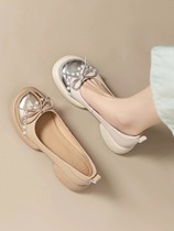 Small ckerwin bow small leather shoes for women thick heel thick sole 2024 summer new round toe single shoes French retro