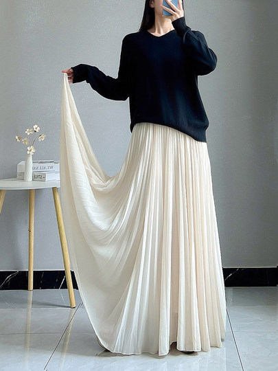 Pleated Skirt, Half-Length Skirt, Women's Long Skirt, Spring, Autumn and Summer, Asymmetrical Large Hem Skirt, Drapey Chiffon, Slimming A-Line Umbrella Skirt