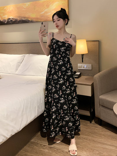 French floral skirt suspender dress for women summer high-end retro printed long skirt black slimming waist skirt