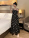 French floral skirt suspender dress for women summer high-end retro printed long skirt black slimming waist skirt