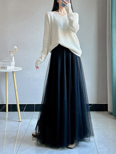 Black Gauze Skirt, Women's High-End Spring and Summer Elastic Waist Mesh Tutu Skirt, Large Hem, Drapey, Super Fairy-Like Long Skirt