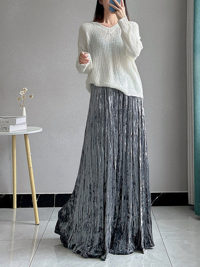 Velvet Skirt for Women, Long Draped Skirt, Autumn and Winter Retro Pleated Skirt, Elastic Waist, Fleece-Lined, Extended Flared Skirt, Umbrella Skirt
